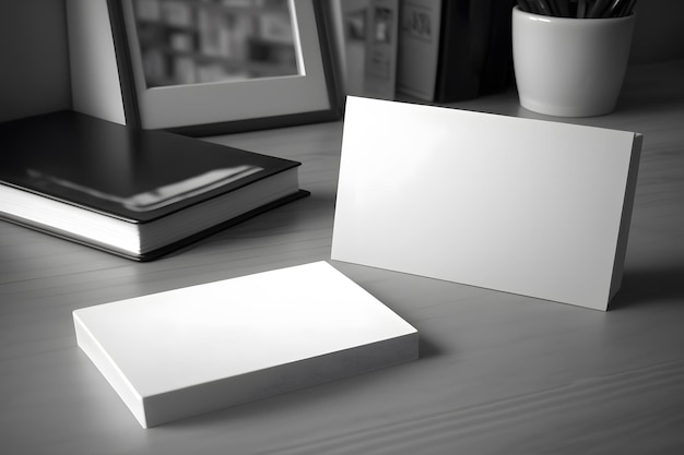 A white book is on a desk next to a white book.