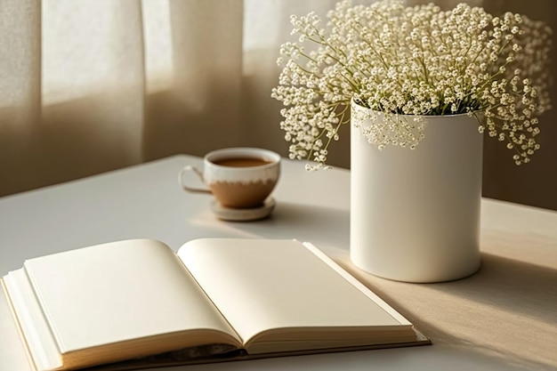 White book mockup with gypsophila in a vase on a beige table Generative AI