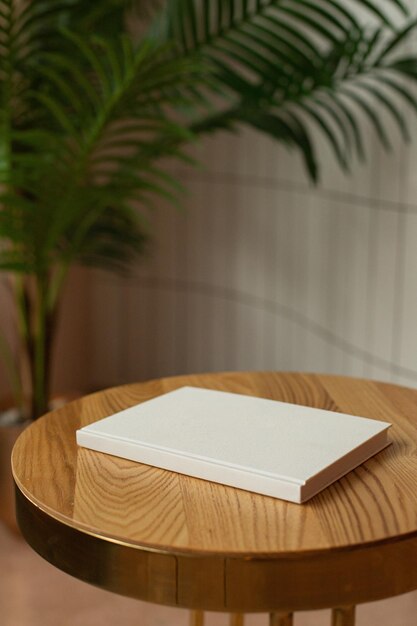 A white book on a round table with a green plant in the corner