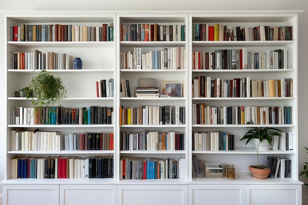 a white book shelf with a plant on it and a pot on the shelf