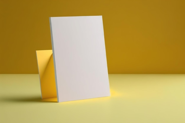 A white book sits on a yellow surface with a yellow background.