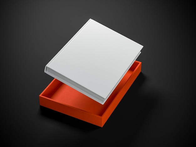 주황색 선물 상자가 있는 질감 커버가 있는 흰색 책. 3d 렌더링