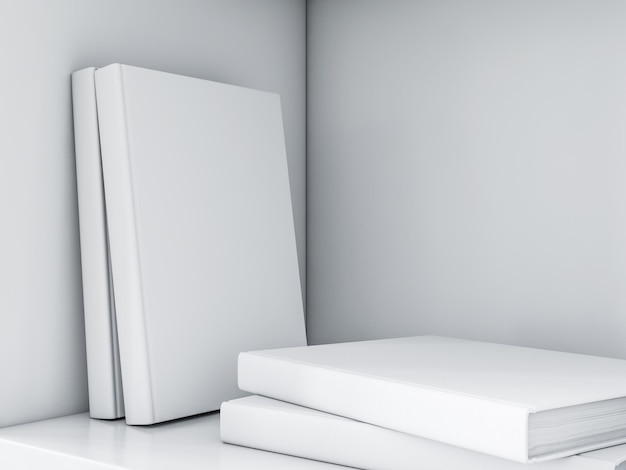 White books mockup in bookshelf 3d rendering