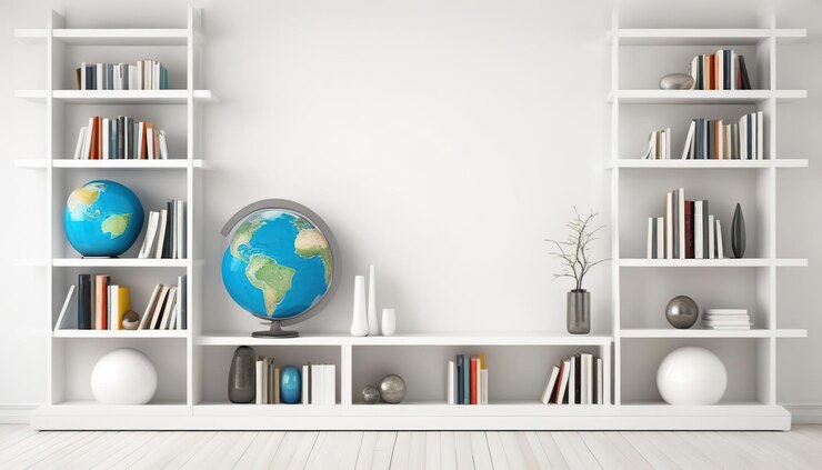 Photo white bookshelf with books and globe 3d illustration
