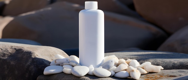 a white bottle of body wash on a white rocks background