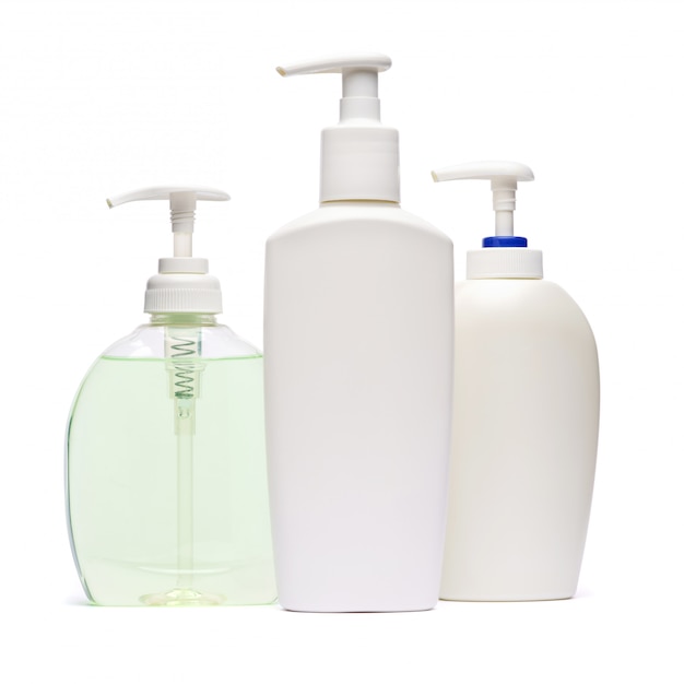 white bottle of cream, lotion or liquid soap isolated on white background