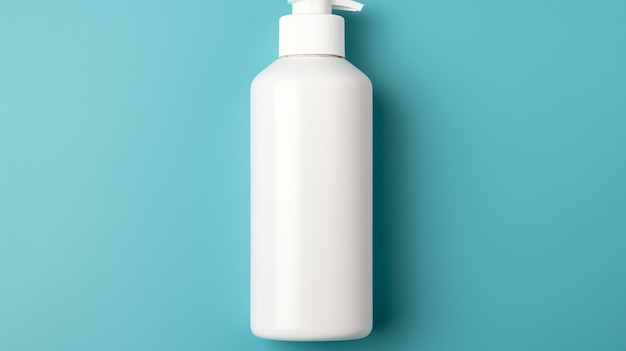 写真 美容製品ブランドの白いボトルクリームモックアップ ターコイズ色の背景上のトップビュー