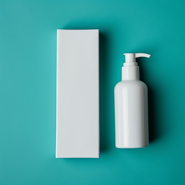 Фото Белая бутылка крема макета бренда косметических продуктов верхний вид на бирюзовом фоне