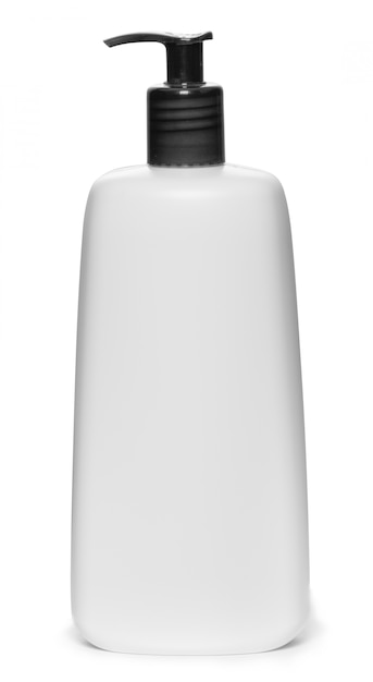 Photo white bottle of cream, shampoo or body milk, with a black dispenser cap.