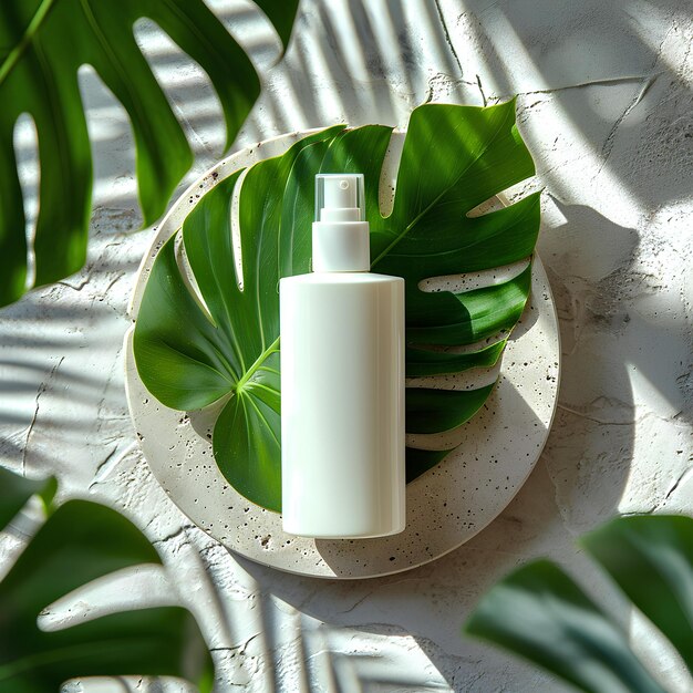 White bottle of hair spray on a plate and green leaf