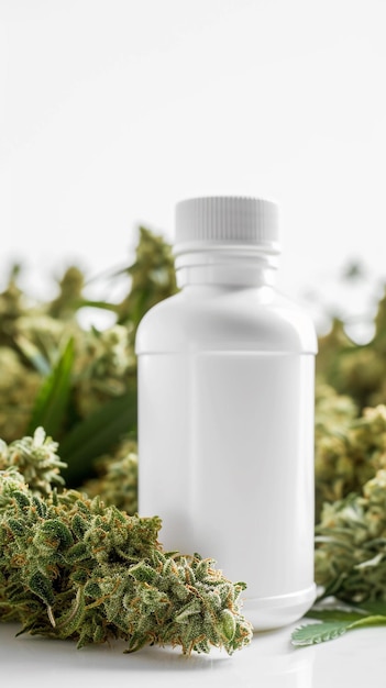 White bottle isolated in front of marijuana