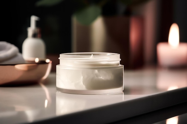 A white bottle of lotion sits on a counter next to a bottle of lotion.