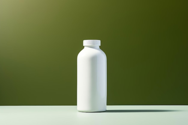 A white bottle rests atop a wooden table