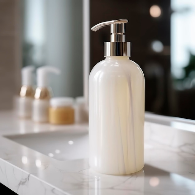 A white bottle of shampoo stands on the table in bathroom AI Generative