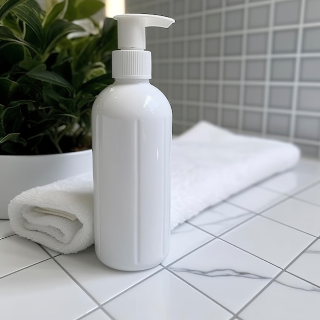 A white bottle of shampoo stands on the table in bathroom AI Generative