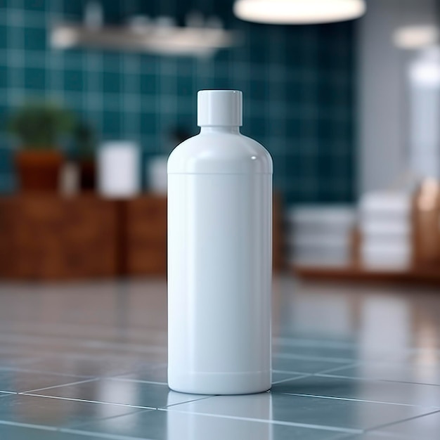 A white bottle of shampoo stands on the table in bathroom AI Generative