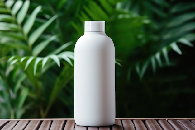 A white bottle sitting on top of a wooden table Digital art Body product mockup