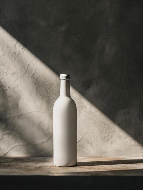 белая бутылка, сидящая на деревянном столе
