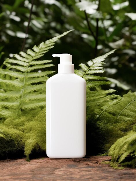 a white bottle of white shampoo sits on a wooden surface.