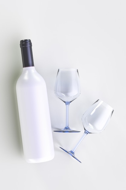 White bottle of wine and two glasses on a light surface.