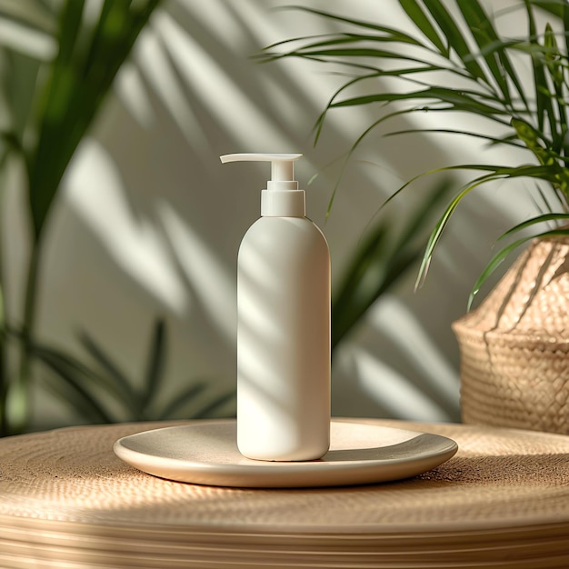 White bottle with a plant on a wooden tray