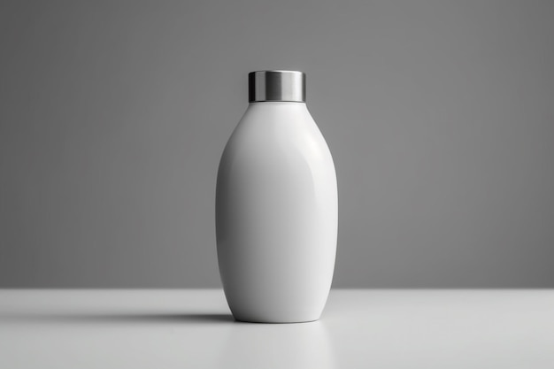 A white bottle with a silver cap sits on a white table.