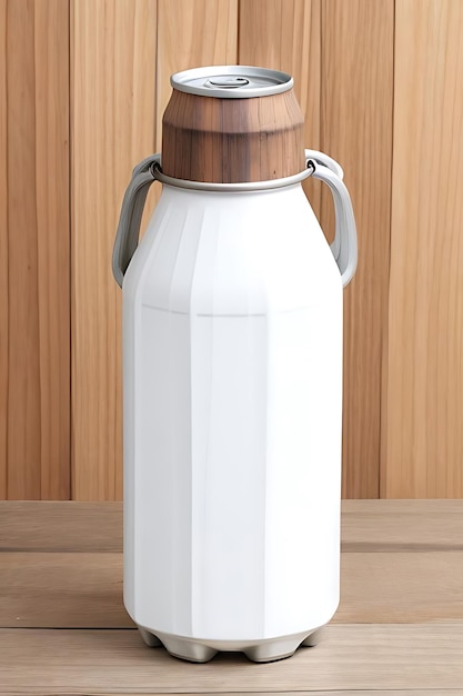 a white bottle with a wooden lid sits on a table