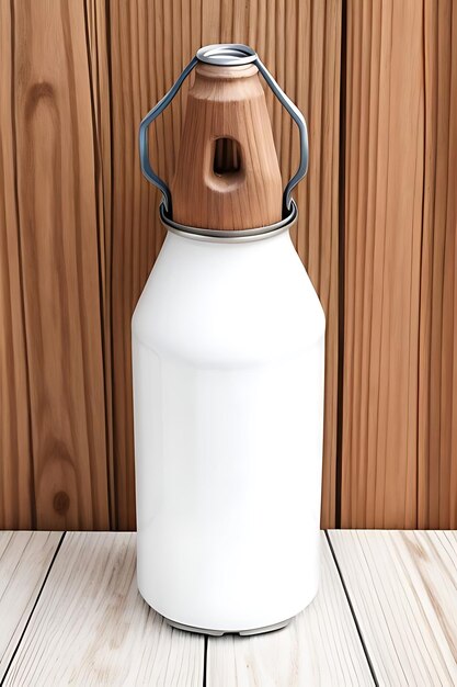 a white bottle with a wooden lid that says  milk  on it