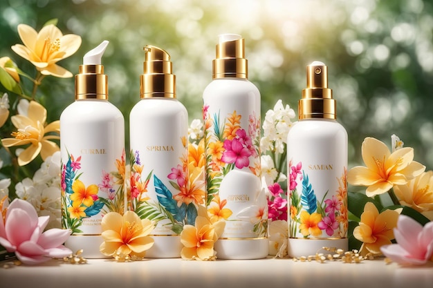 White bottles of spring cosmetic products ai generative