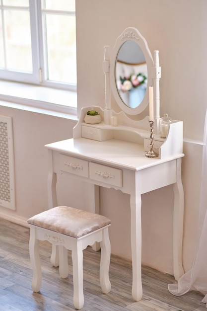 White boudoir table close up and copy space