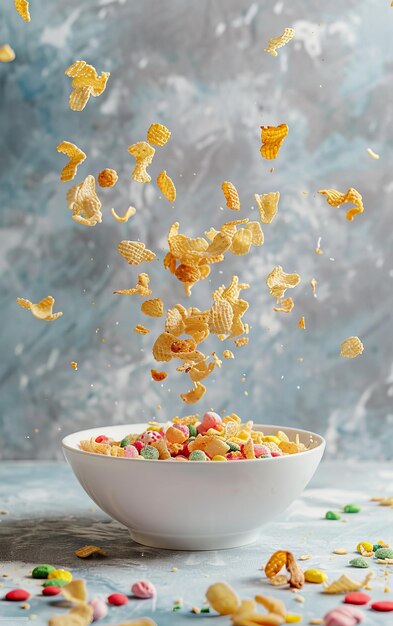 A white bowl filled with cereal sits next to a pile of cereal