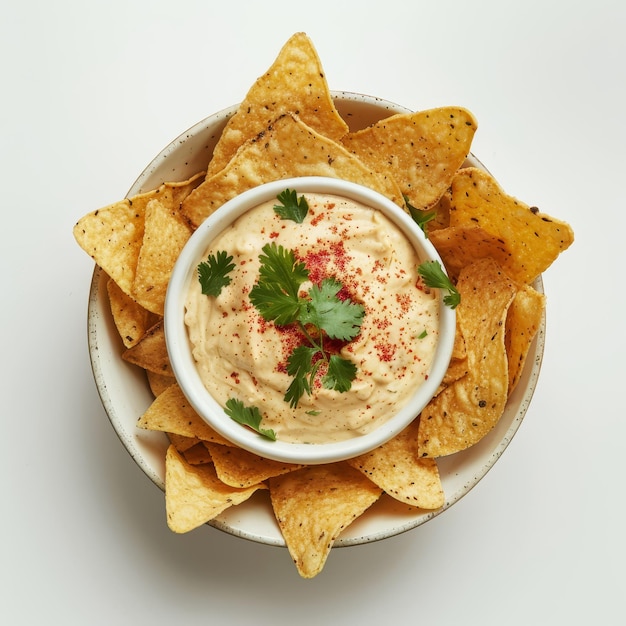 White Bowl Filled With Chips and Topped With Cilantro