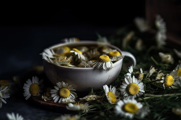 White bowl filled with colorful flowers on a wooden table generative ai