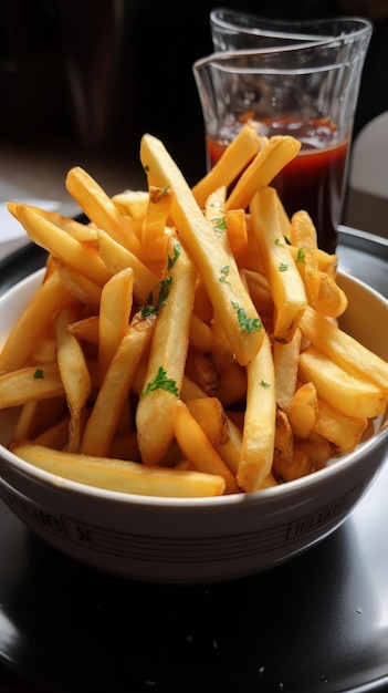 A white bowl filled with french fries on top of a table generative AI