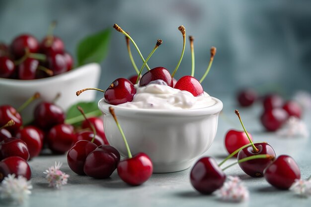 Foto ciotola bianca piena di yogurt di ciliegie fresche su uno sfondo grigio