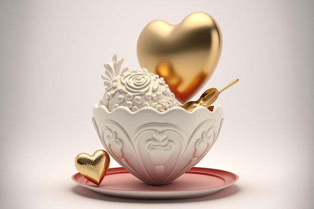 A white bowl filled with ice cream next to a gold heart generative AI