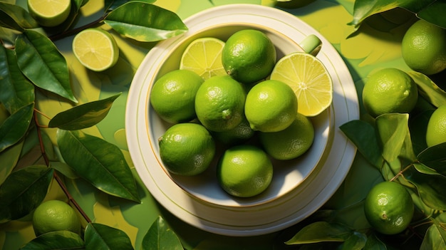 A white bowl filled with limes on top of a table