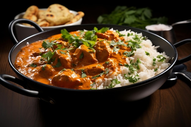 A white bowl filled with rice and meat covered in sauce AI