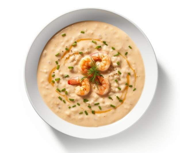 A white bowl filled with soup and shrimp