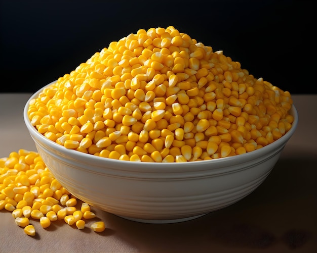 White bowl full of corn is on a table