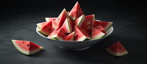 A white bowl on a gray background filled with watermelon slices in a triangular shape The view
