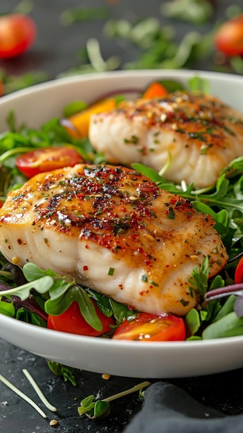 In a white bowl grilled fish fillets with fresh garden salad on top