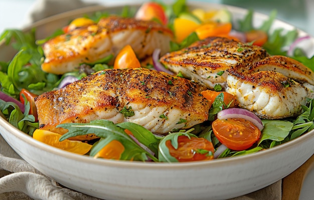 Photo in a white bowl grilled fish fillets with fresh garden salad on top