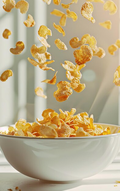 A white bowl overflows with flying corn flakes