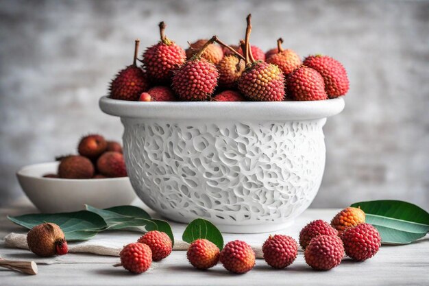 a white bowl of pineapples and a bowl of fruit