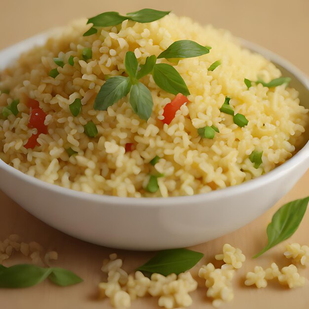 a white bowl of rice with a green leaf on the side