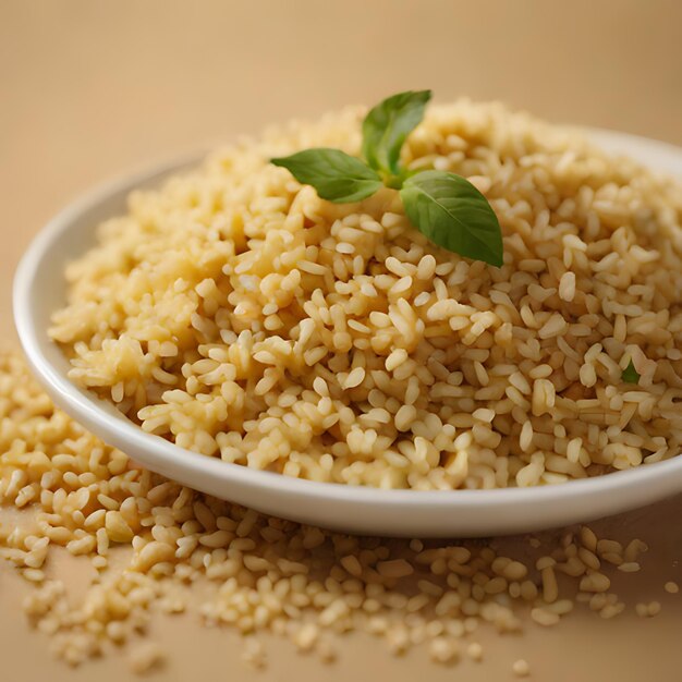 a white bowl of rice with a green leaf on top