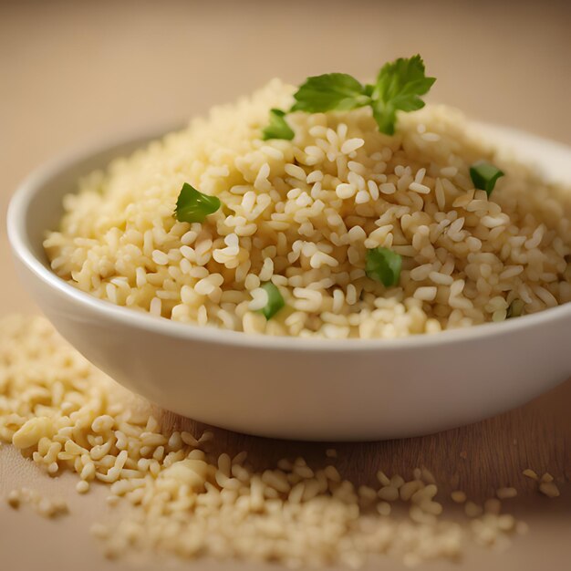 Photo a white bowl of rice with parsley on the side