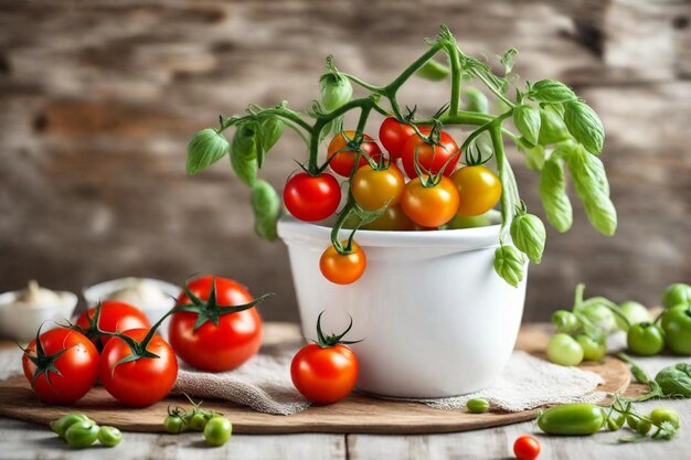 Photo a white bowl of tomatoes and tomatoes on a wooden table