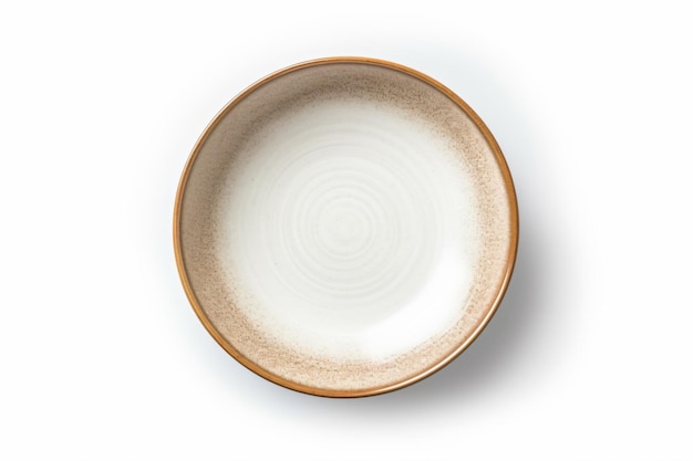 a white bowl with a brown rim on a white surface